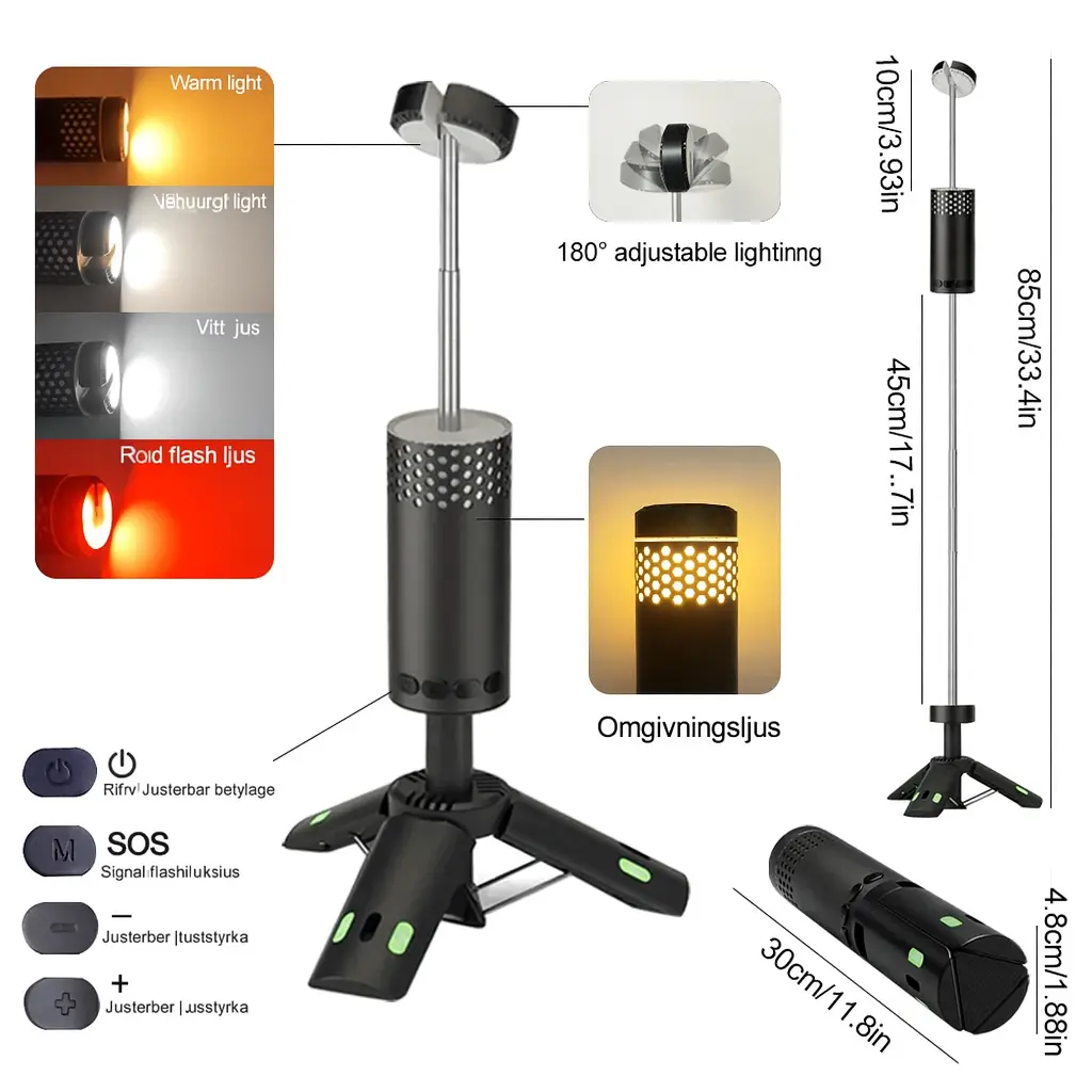 Fällbar campinglampa med stativ